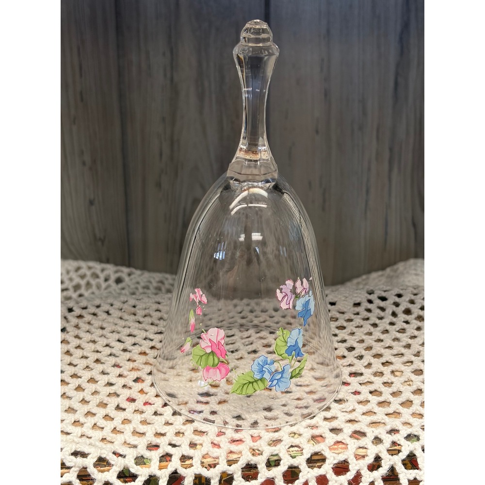 Vintage Clear Glass Floral Dinner Bell Hand Painted Pink Blue Flowers 6.25 Inch